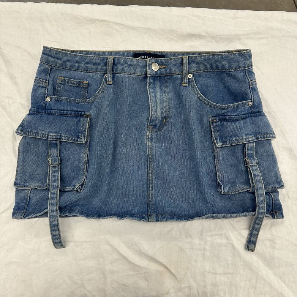 Aeropostale Cargo Denim Mini Skirt Women Size L Blue Utility Grunge Y2K